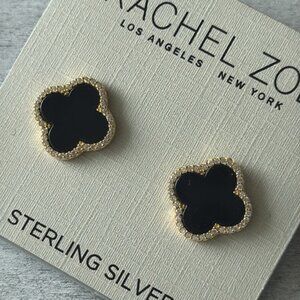 Rachel Zoe Onyx Sterling Silver 925 Gold Plated Clover Stud Earrings